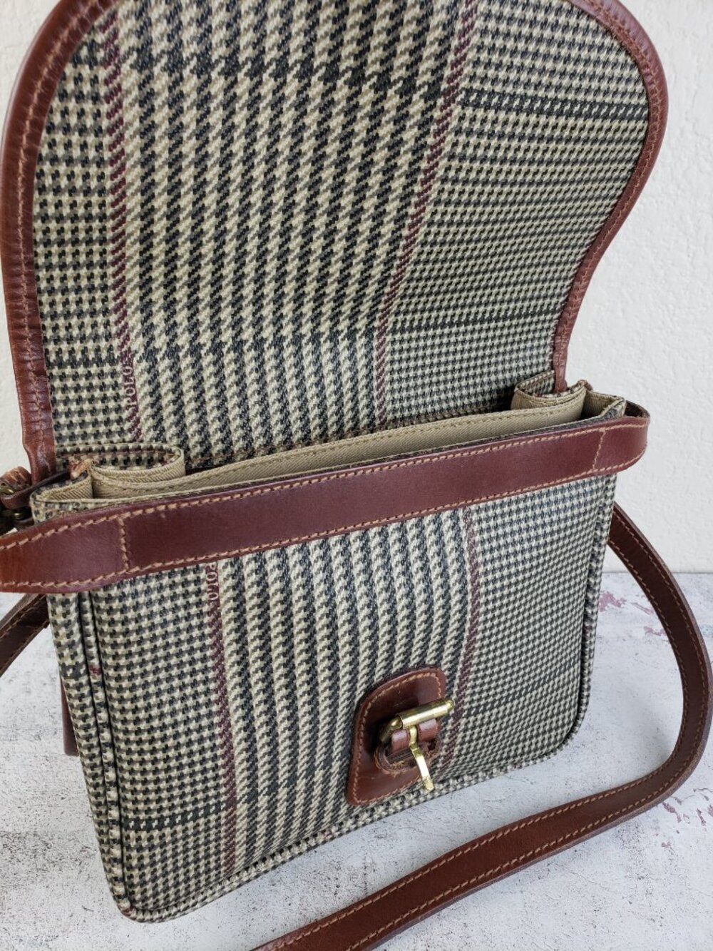 Vintage POLO Ralph Lauren Shoulder Bag Houndstooth Plaid Coated Canvas Leather - Picture 8 of 15